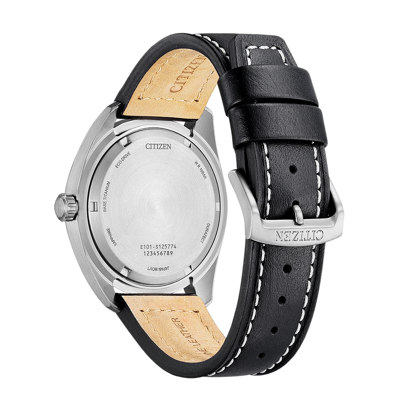 Citizen-Uhrrückseite mit Lederarmband, Saphir, Titan, Eco-Drive-Technologie.