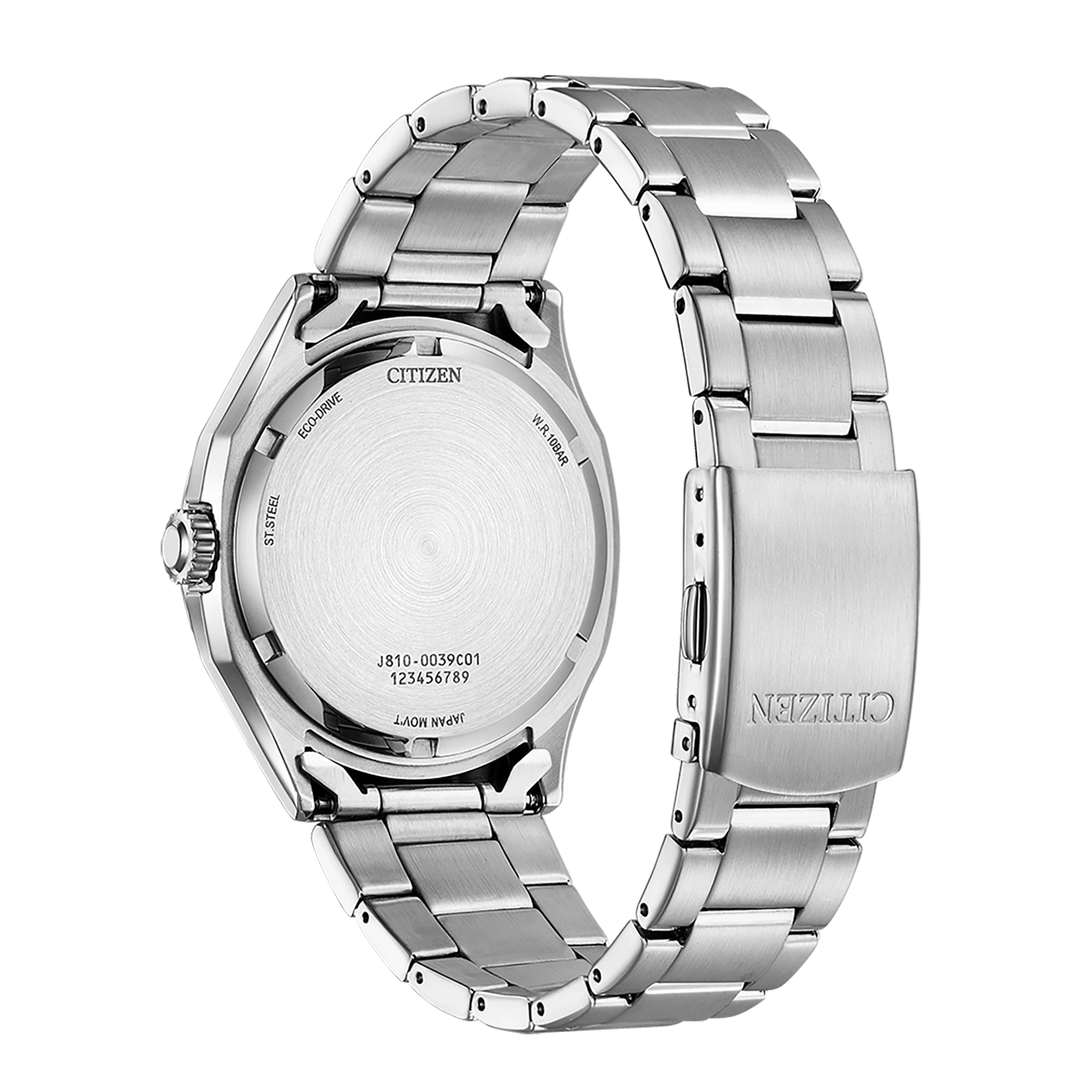 Citizen-Uhrenrückseite, Edelstahl, Eco-Drive, W.R.10BAR, Japan Movt.