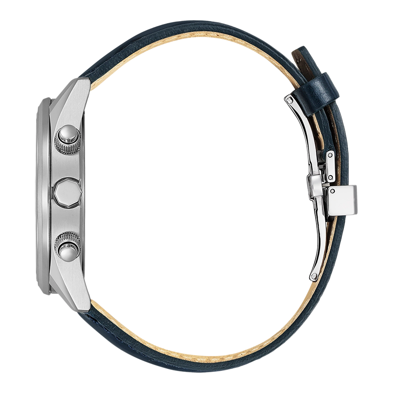 Seitenansicht einer silbernen Uhr mit blauem Lederarmband.