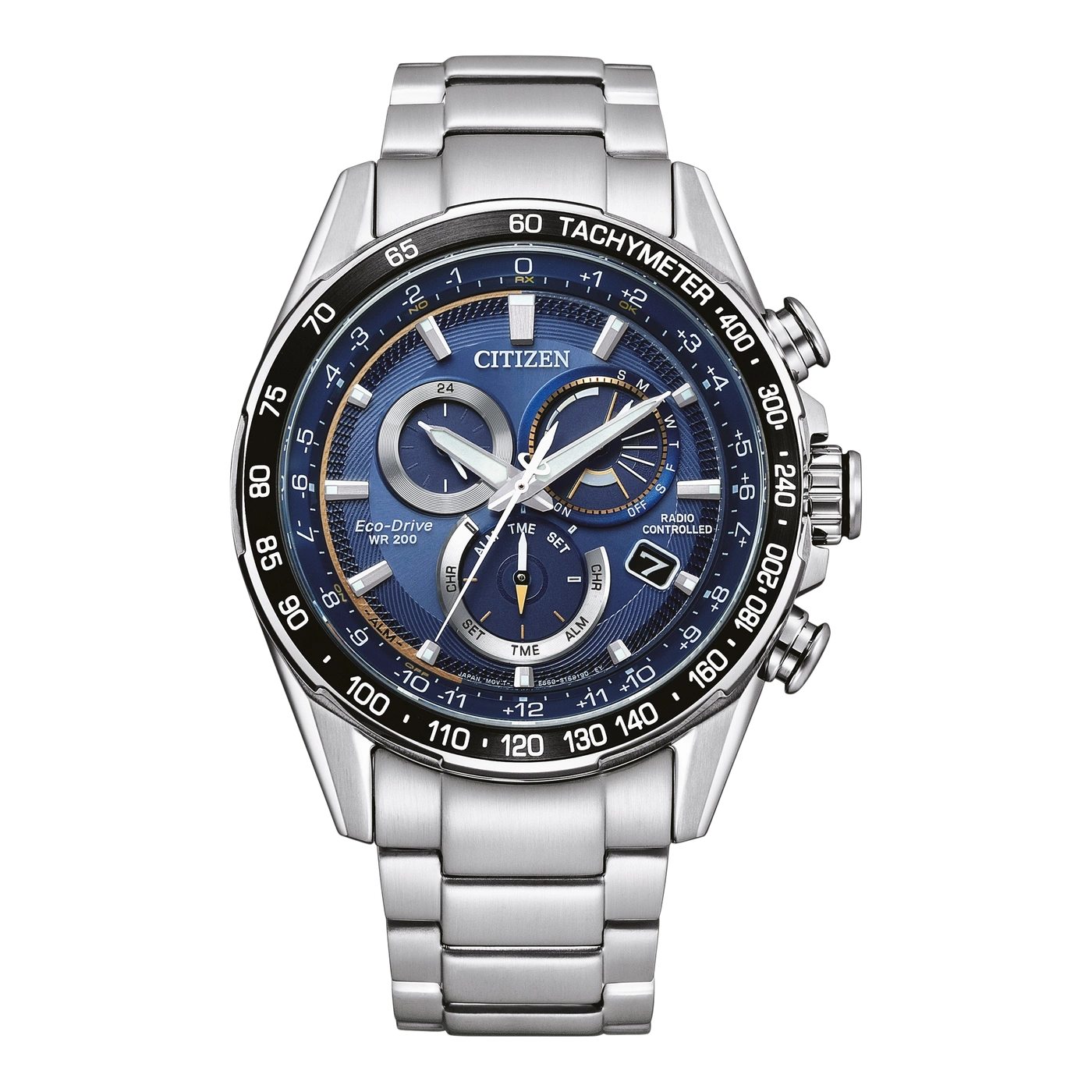 Citizen-Uhr mit blauem Zifferblatt, Tachymeter und Edelstahlarmband.