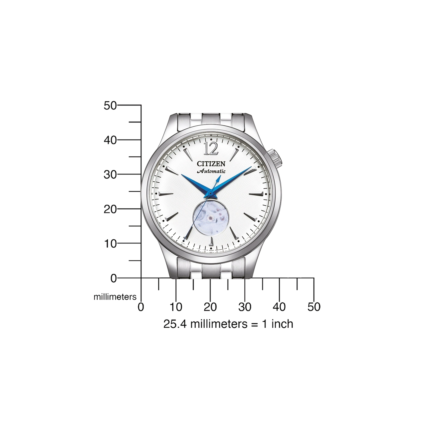 Citizen Automatik-Uhr mit weißem Zifferblatt und blauen Zeigern, mit Millimeterskala.