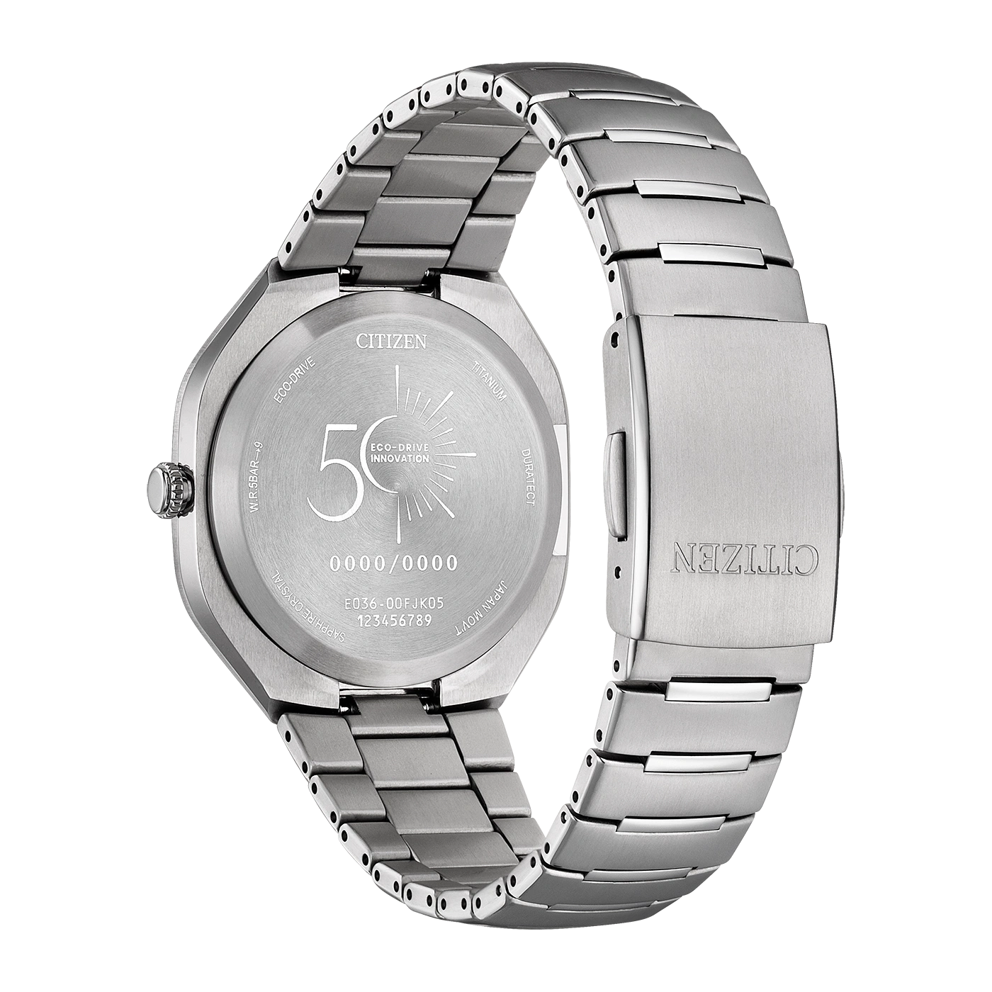 Rückseite einer silbernen Citizen Eco-Drive Uhr mit Metallarmband.