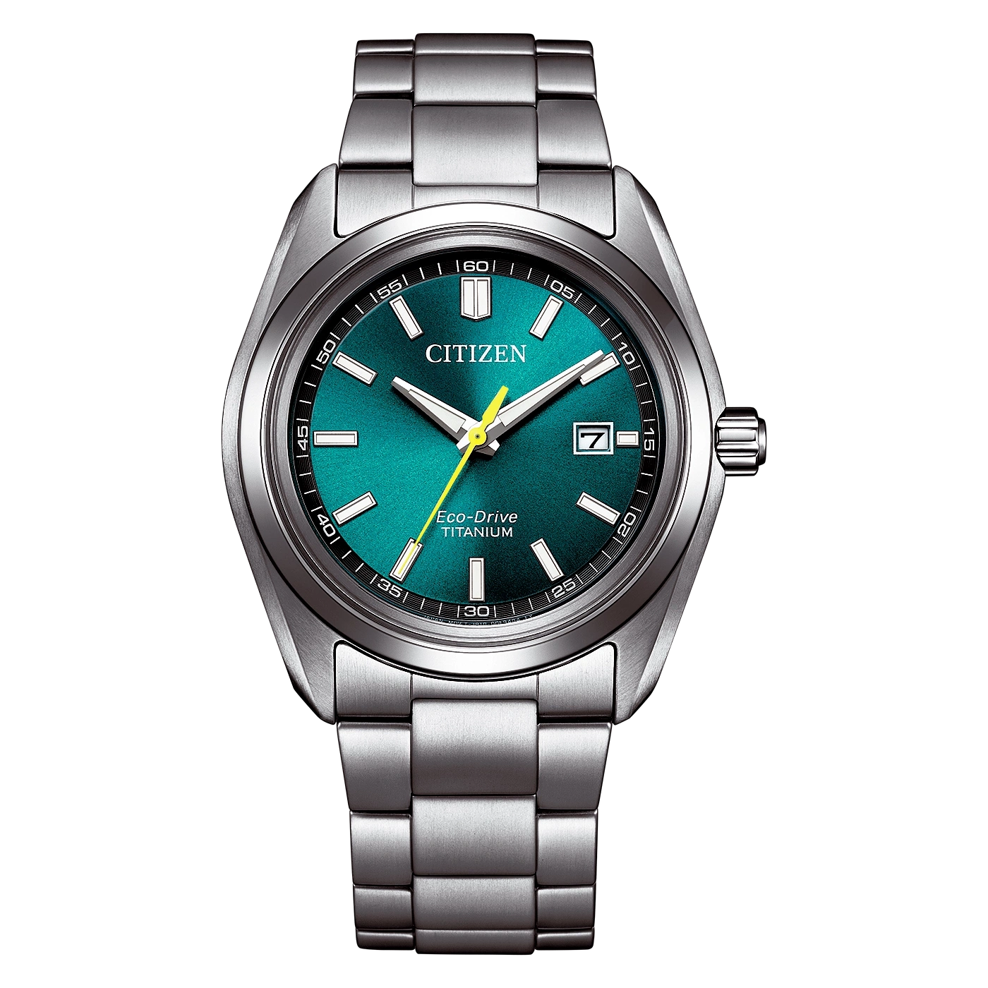 Eine Citizen Eco-Drive Titan-Uhr mit grünem Zifferblatt und Metallarmband.