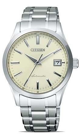 Citizen Automatik-Uhr mit silbernem Armband und cremefarbenem Zifferblatt, Datumsanzeige.