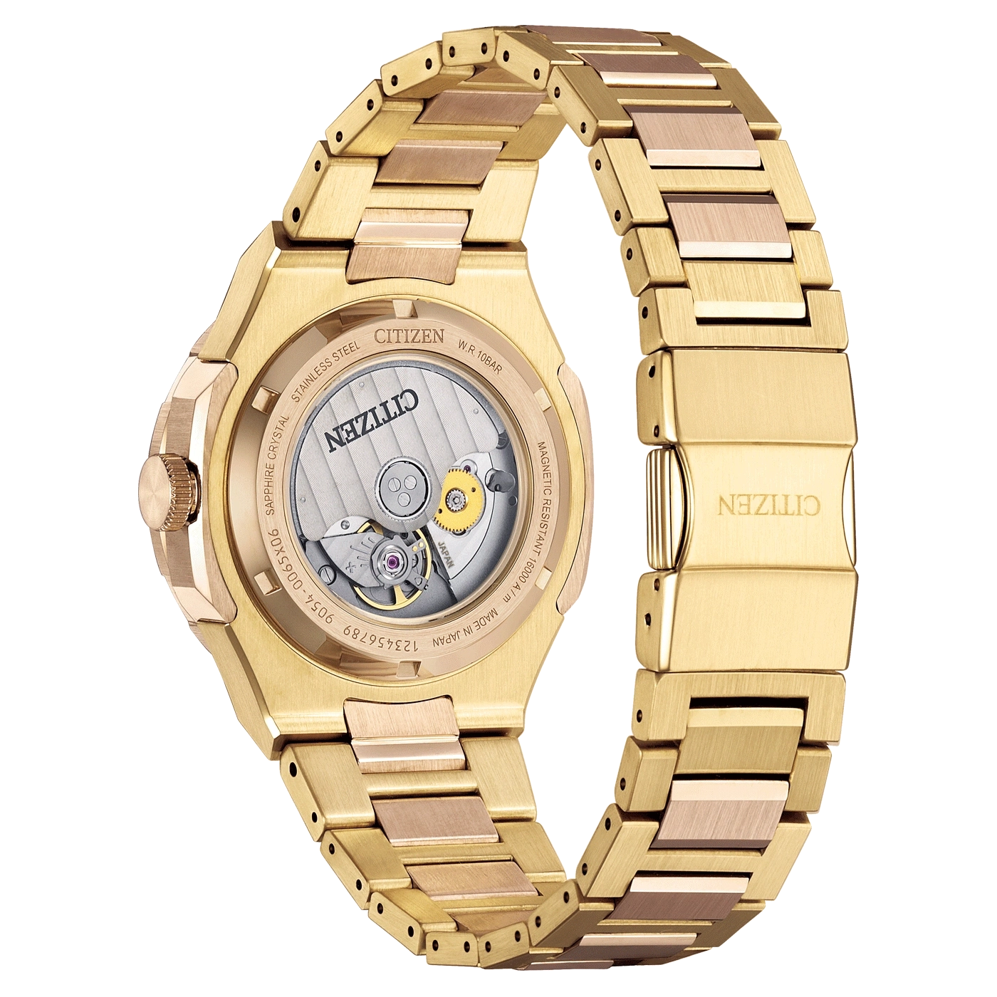 Goldene Citizen-Uhr, Saphirkristall, Edelstahl, japanisches Uhrwerk, Armband.