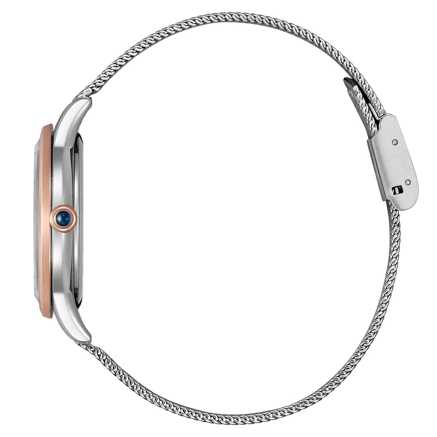 Seitenansicht einer silbernen Uhr mit Mesh-Armband und roségoldenen Akzenten.