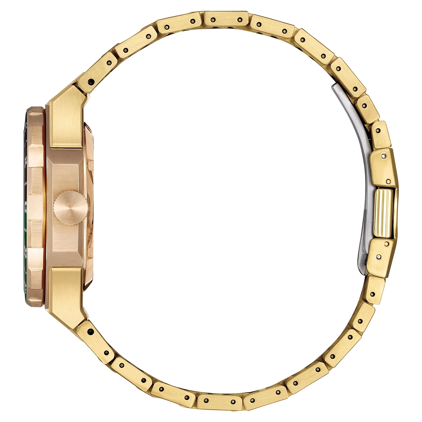 Goldene Uhr Seitenansicht, runde Form, Metallarmband, Luxusaccessoire, elegantes Design