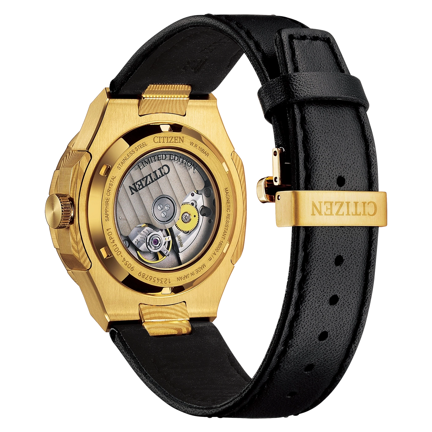 Eine goldene Citizen-Uhr mit schwarzem Lederarmband und offenem Gehäuseboden, der das Uhrwerk zeigt.