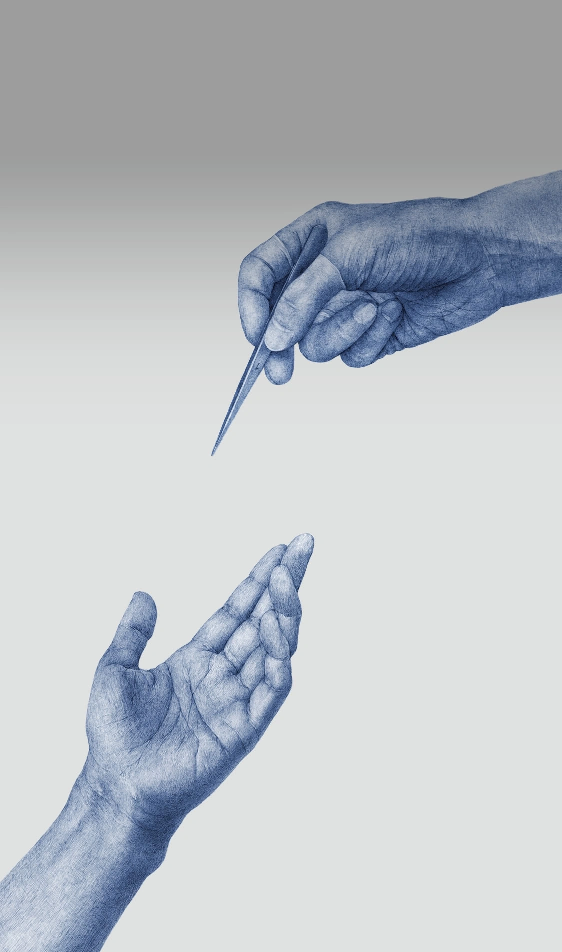 Hände mit Pinzette, Geben oder Empfangen, blaue Zeichnung auf grauem Hintergrund