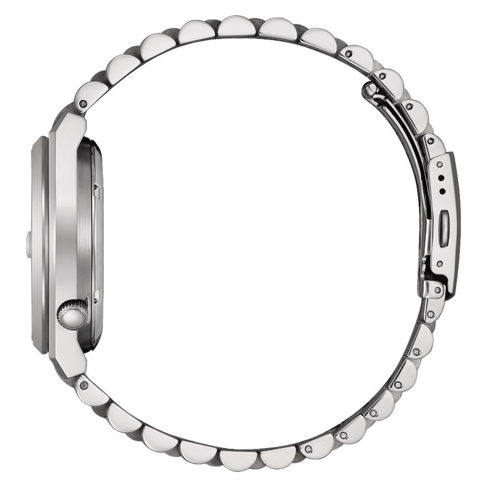 Seitenansicht einer silbernen Uhr mit Metallarmband.
