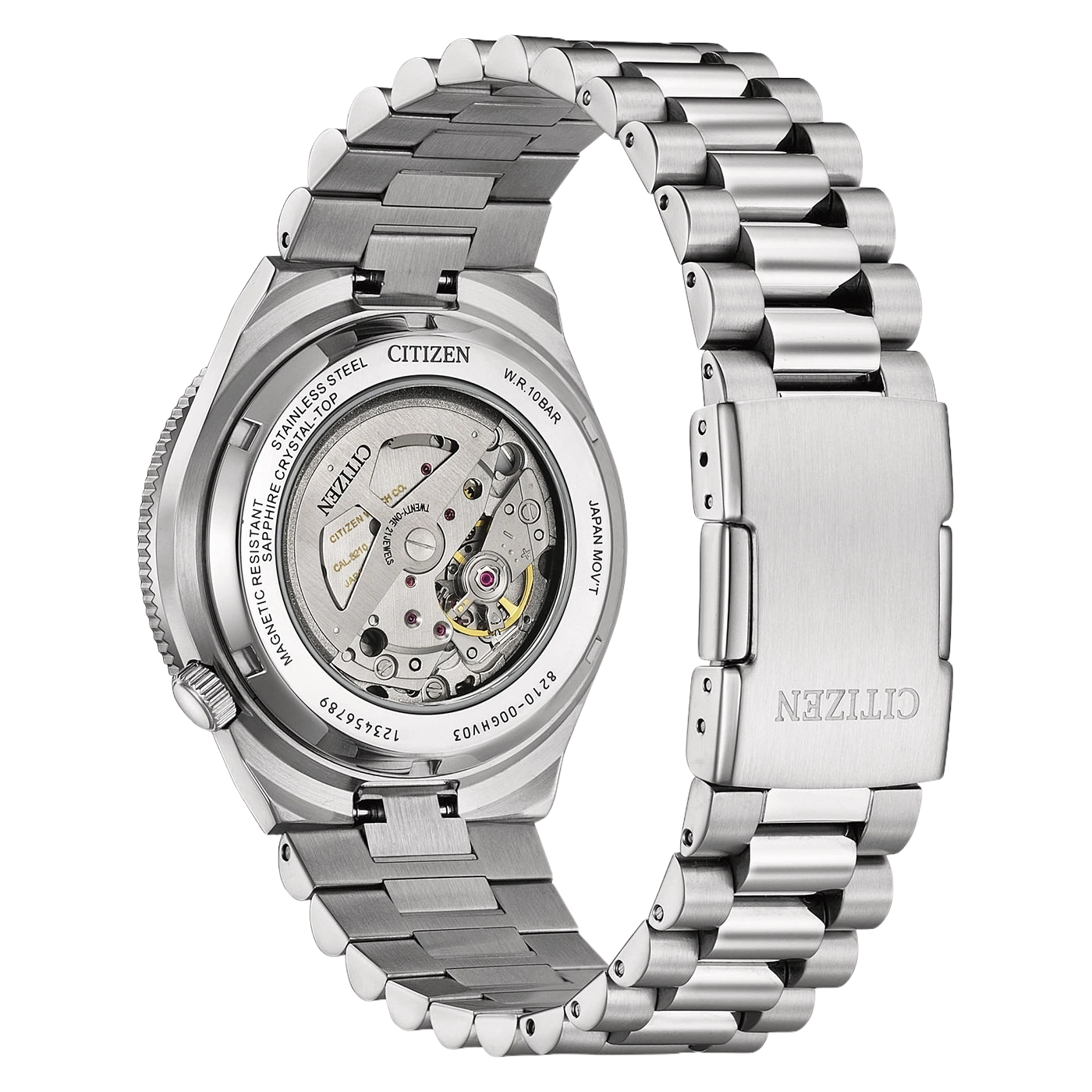 Eine Nahaufnahme der Rückseite einer Citizen-Uhr aus Edelstahl mit sichtbarem Automatikwerk.