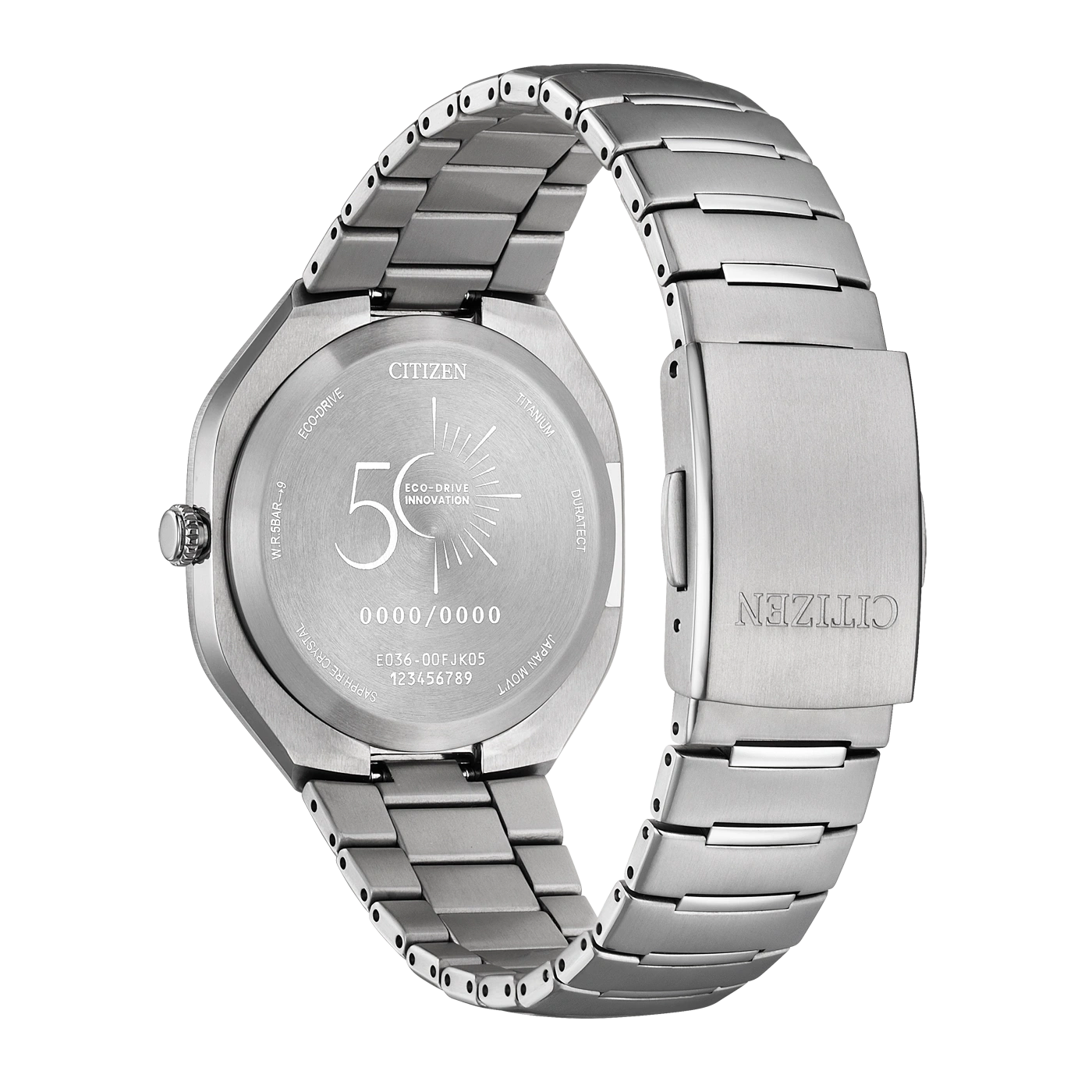 Rückseite einer silbernen Citizen-Uhr mit sichtbaren "Eco-Drive" und "50".