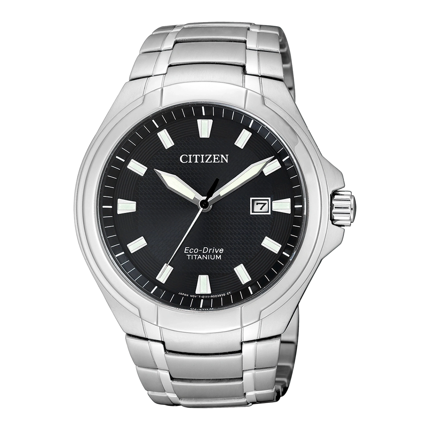 Silberne Citizen-Uhr mit schwarzem Zifferblatt und Datumsanzeige, Titan.