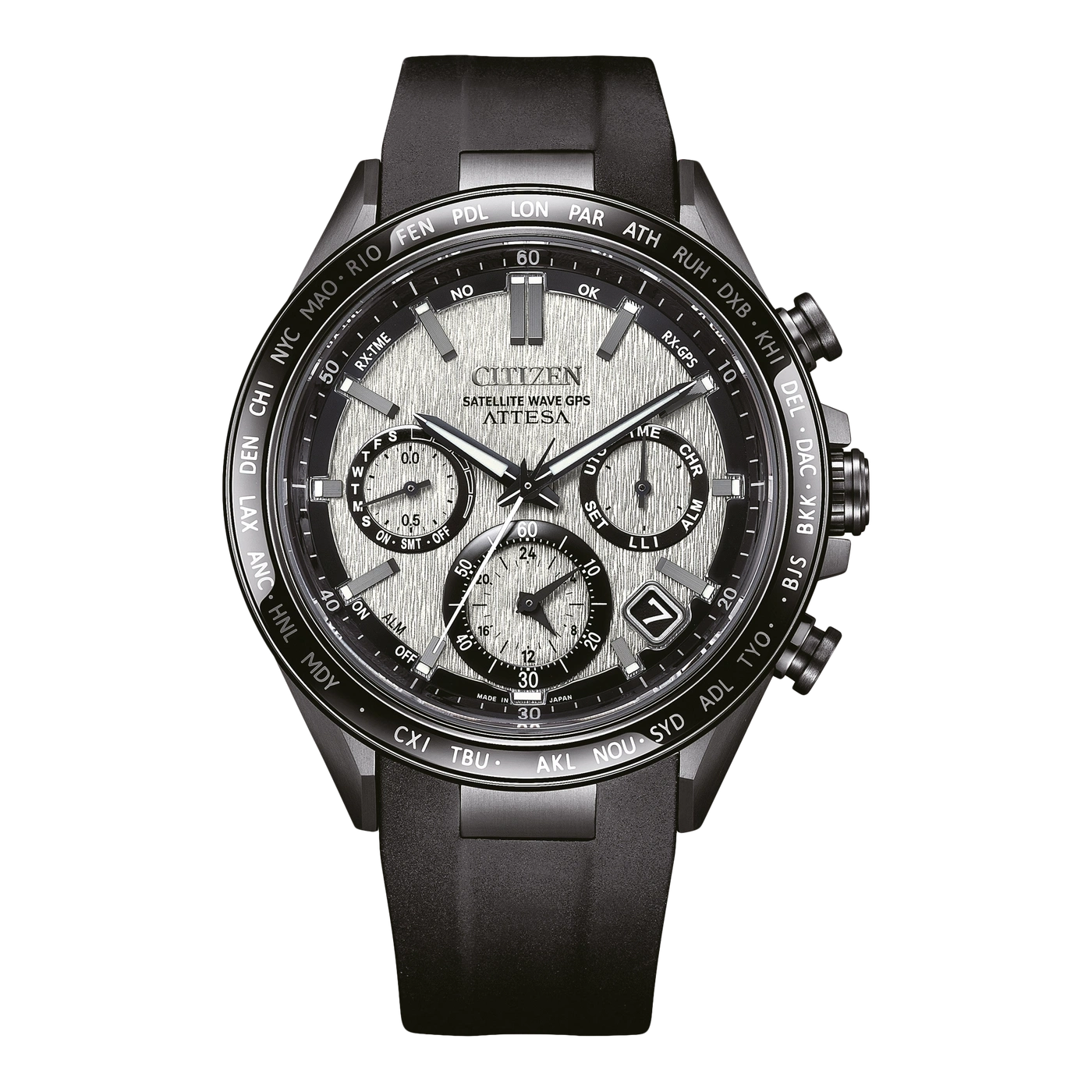 Citizen Attesa Uhr mit schwarzem Armband und mehreren Zifferblättern, Zeitzonen.