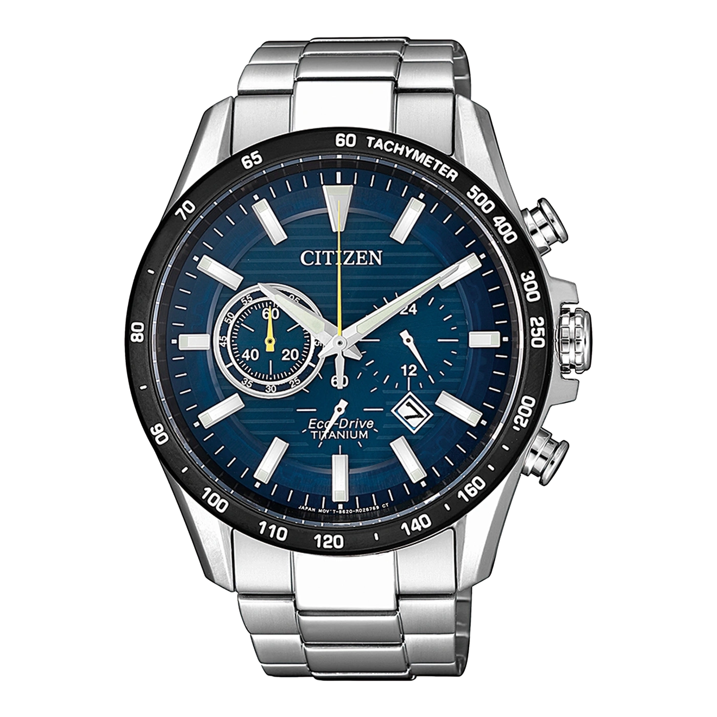 Citizen-Uhr mit blauem Zifferblatt, Tachymeter und Titanarmband.