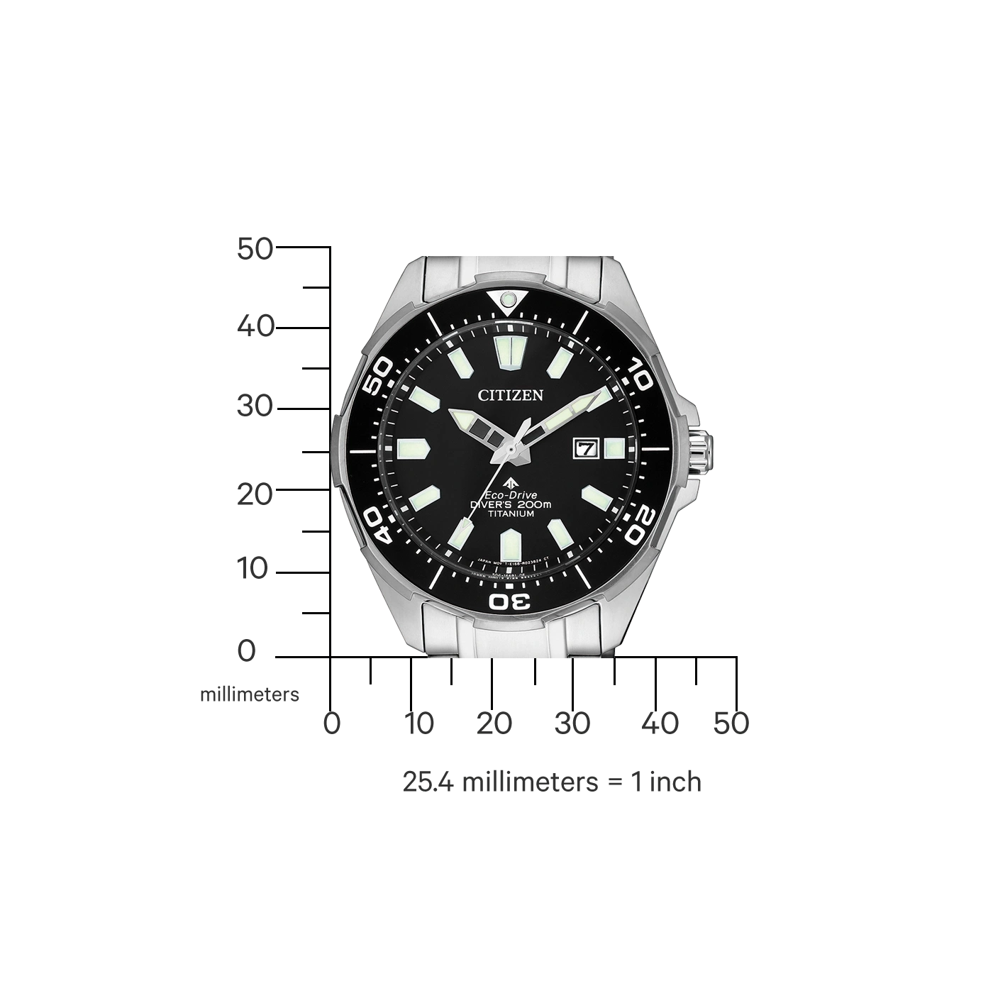 Citizen-Uhr mit schwarzem Zifferblatt, Titan und Maßstab.