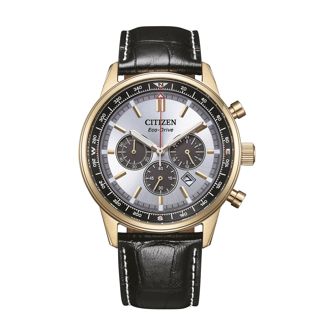 Eine goldene Citizen Eco-Drive Uhr mit schwarzem Lederarmband.