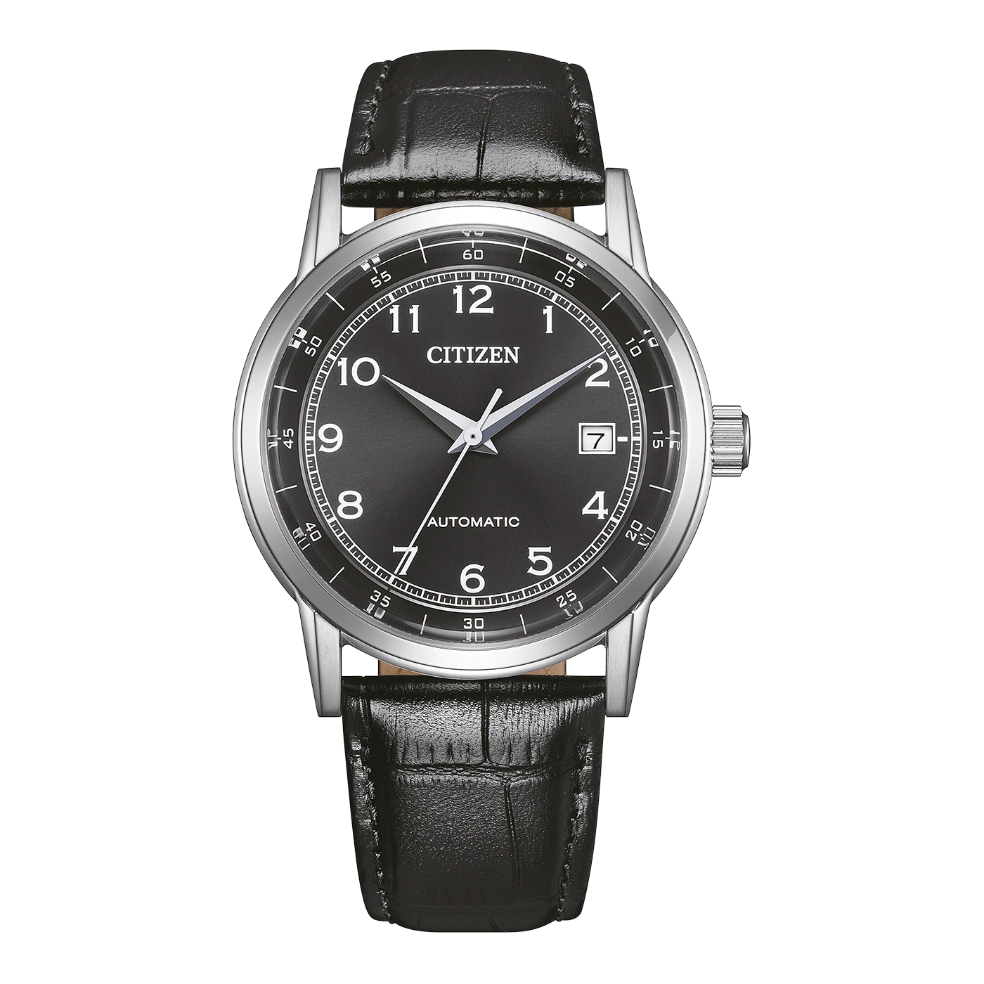 Eine schwarze Citizen Automatik-Uhr mit Lederarmband.
