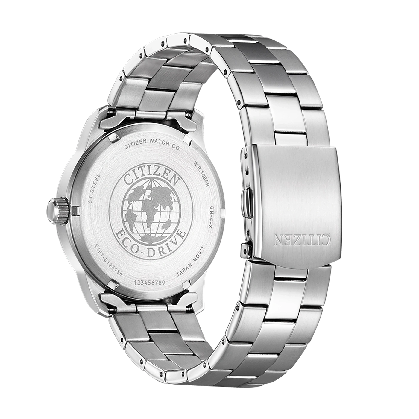 Citizen-Uhr, Edelstahl, Eco-Drive, Rückansicht, Nahaufnahme, silber