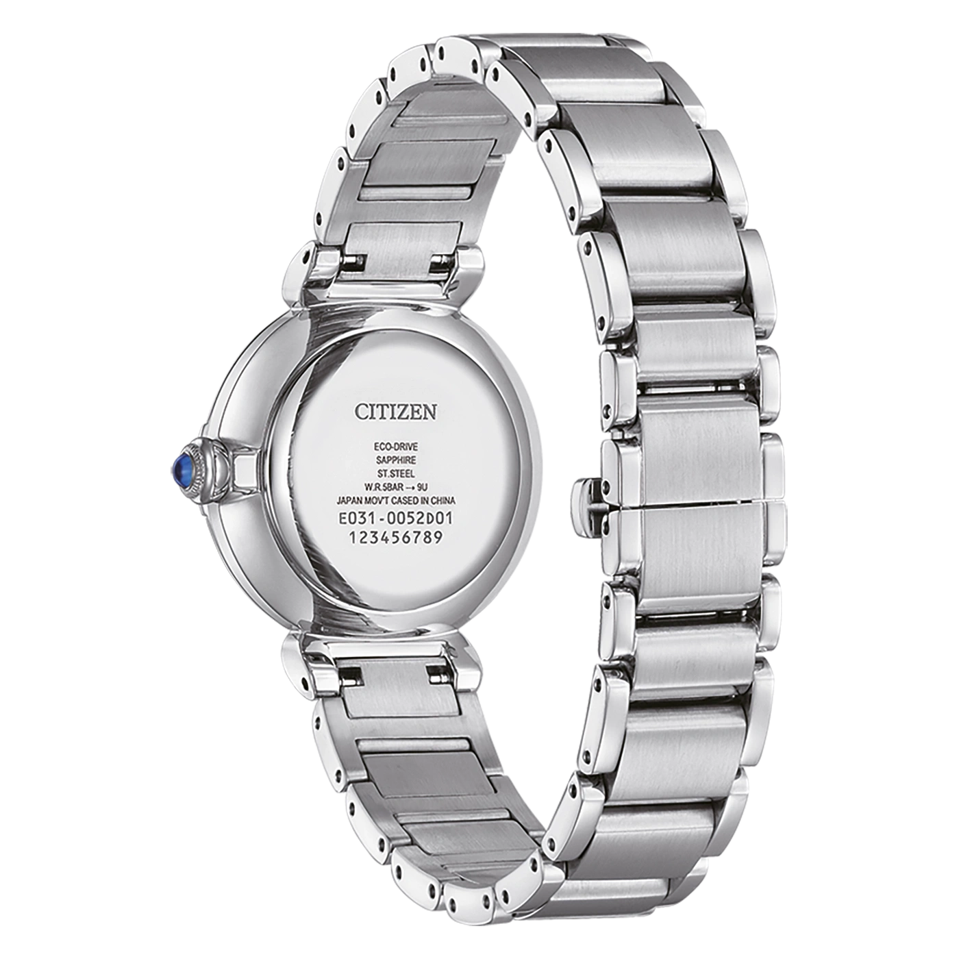Citizen-Uhrrückseite mit Details: Eco-Drive, Saphir, ST.Steel, W.R.5Bar, Japan Movt.