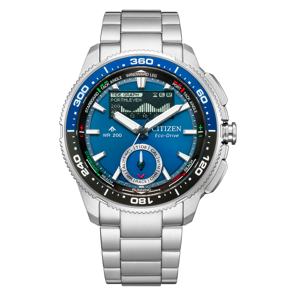 Eine Citizen Eco-Drive Uhr mit blauem Zifferblatt und Metallarmband.
