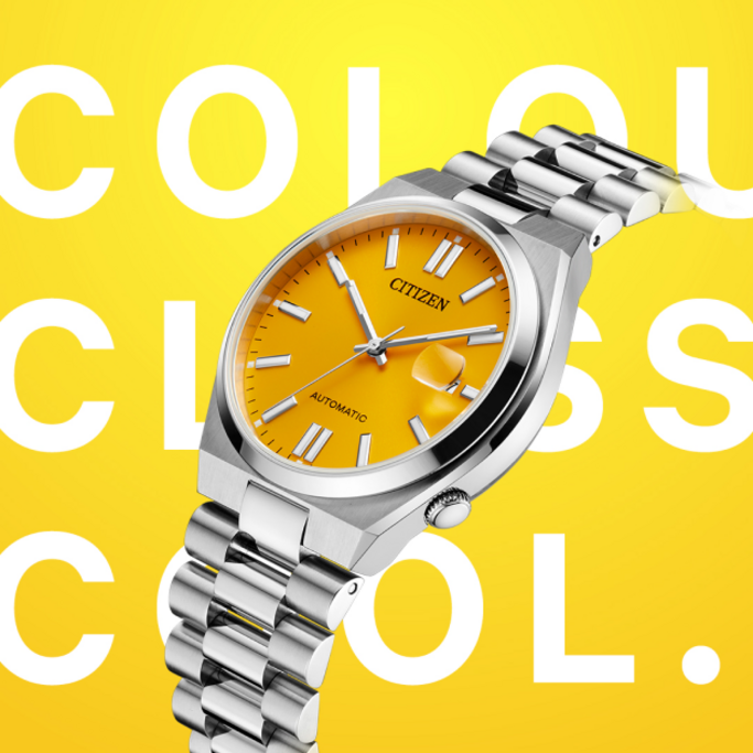 Citizen-Uhr mit gelbem Zifferblatt und silbernem Armband auf gelbem Hintergrund.