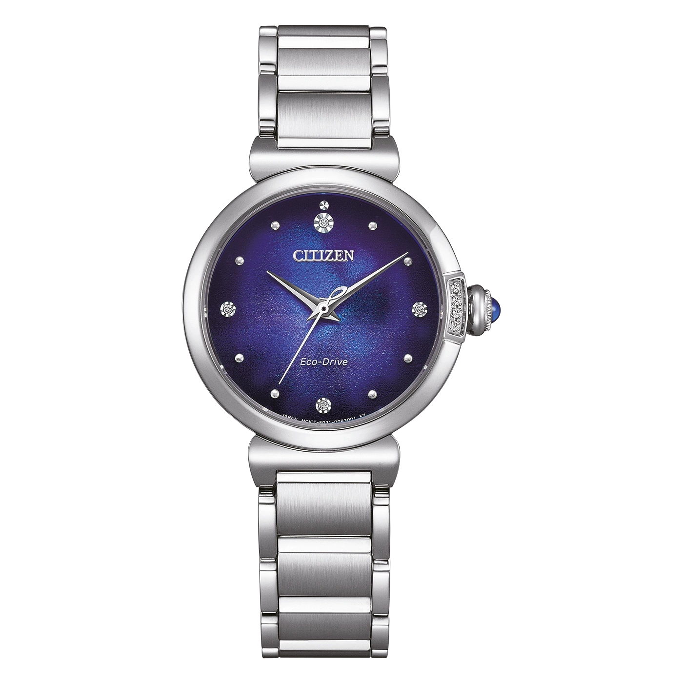 Citizen-Uhr mit blauem Zifferblatt und silbernem Armband, Eco-Drive-Technologie.