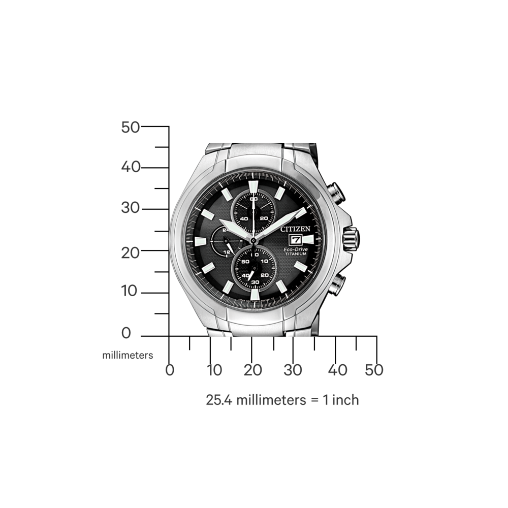 Citizen-Uhr mit schwarzem Zifferblatt und Titan Eco-Drive, Messung in Millimetern.
