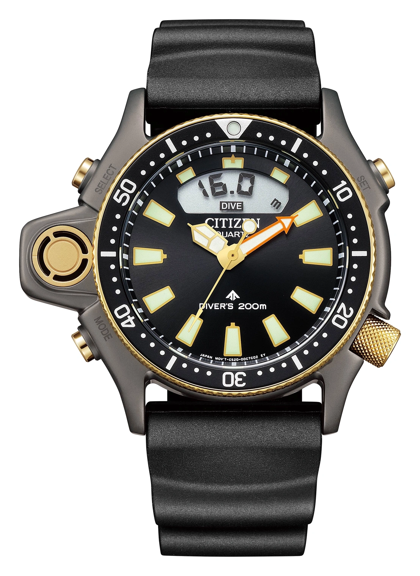 Citizen-Uhr mit schwarzem Zifferblatt, goldenen Akzenten und Digitalanzeige, schwarzes Armband