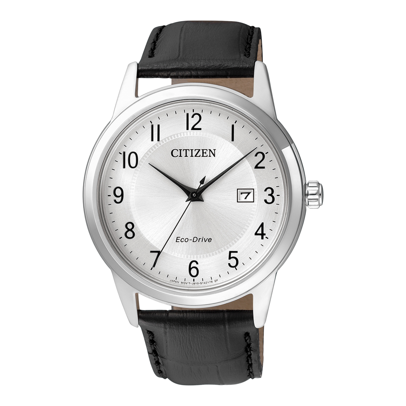 Citizen-Uhr mit silbernem Zifferblatt, schwarzem Lederarmband und Datumsanzeige.