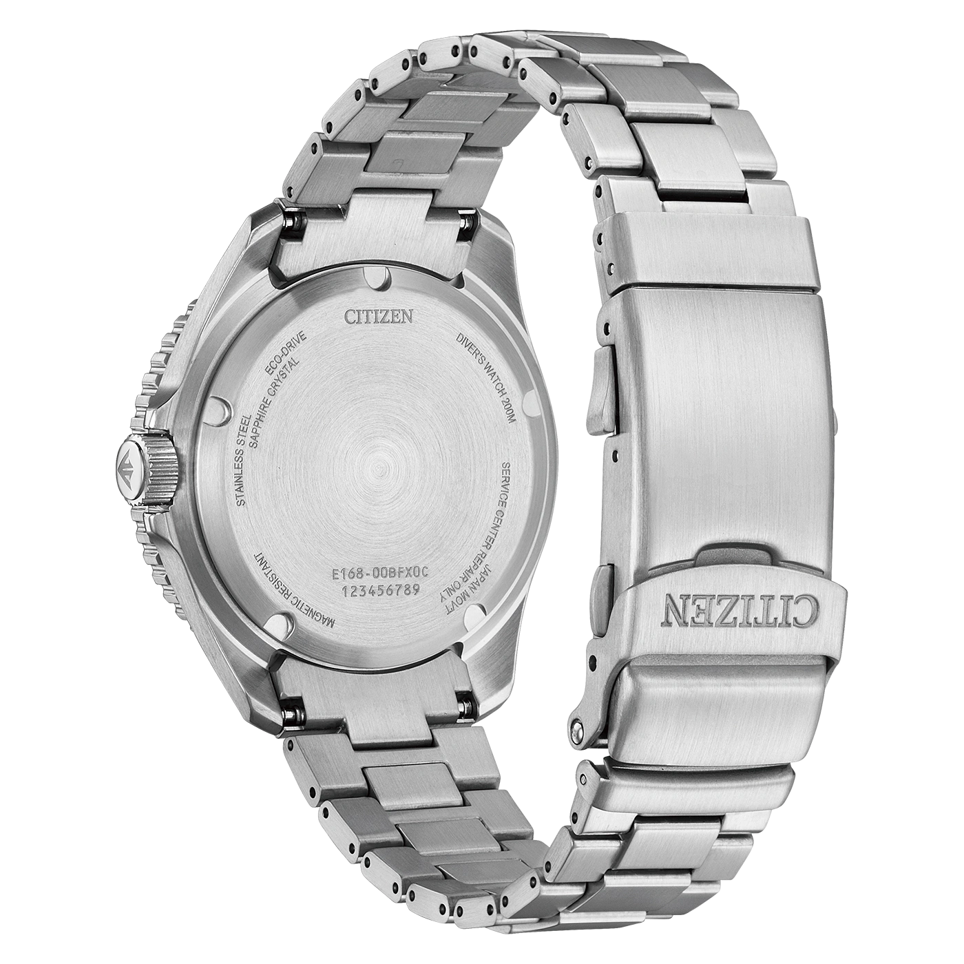 Rückansicht einer Citizen Eco-Drive Taucheruhr aus Edelstahl.