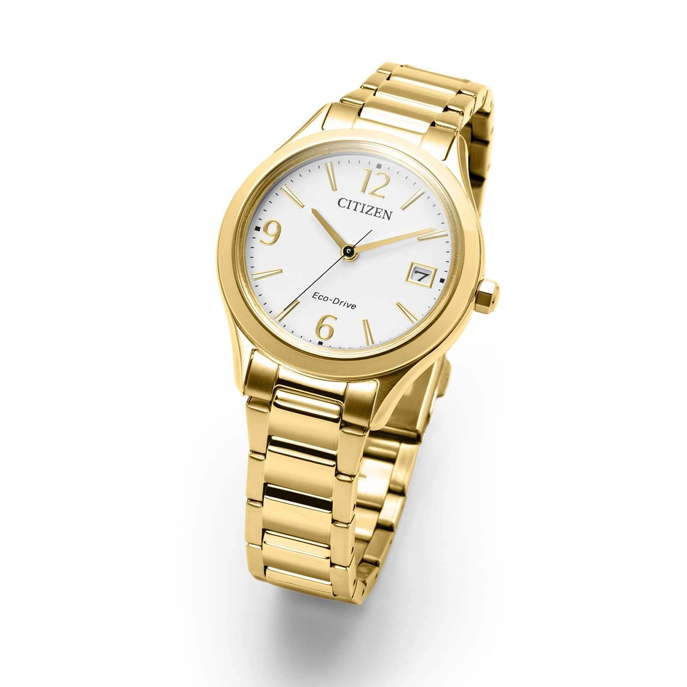 Eine goldene Citizen Eco-Drive Uhr mit weißem Zifferblatt und Datumsanzeige.