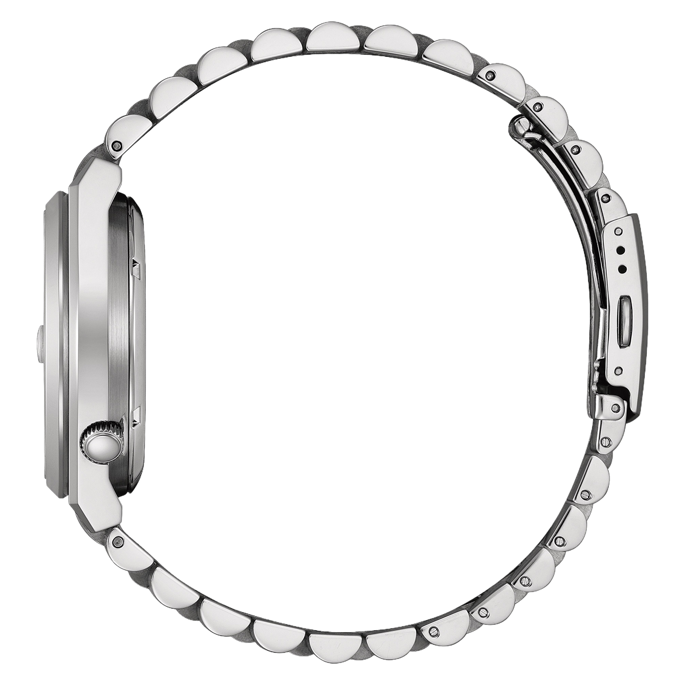 Seitenansicht einer silbernen Uhr mit Metallarmband.