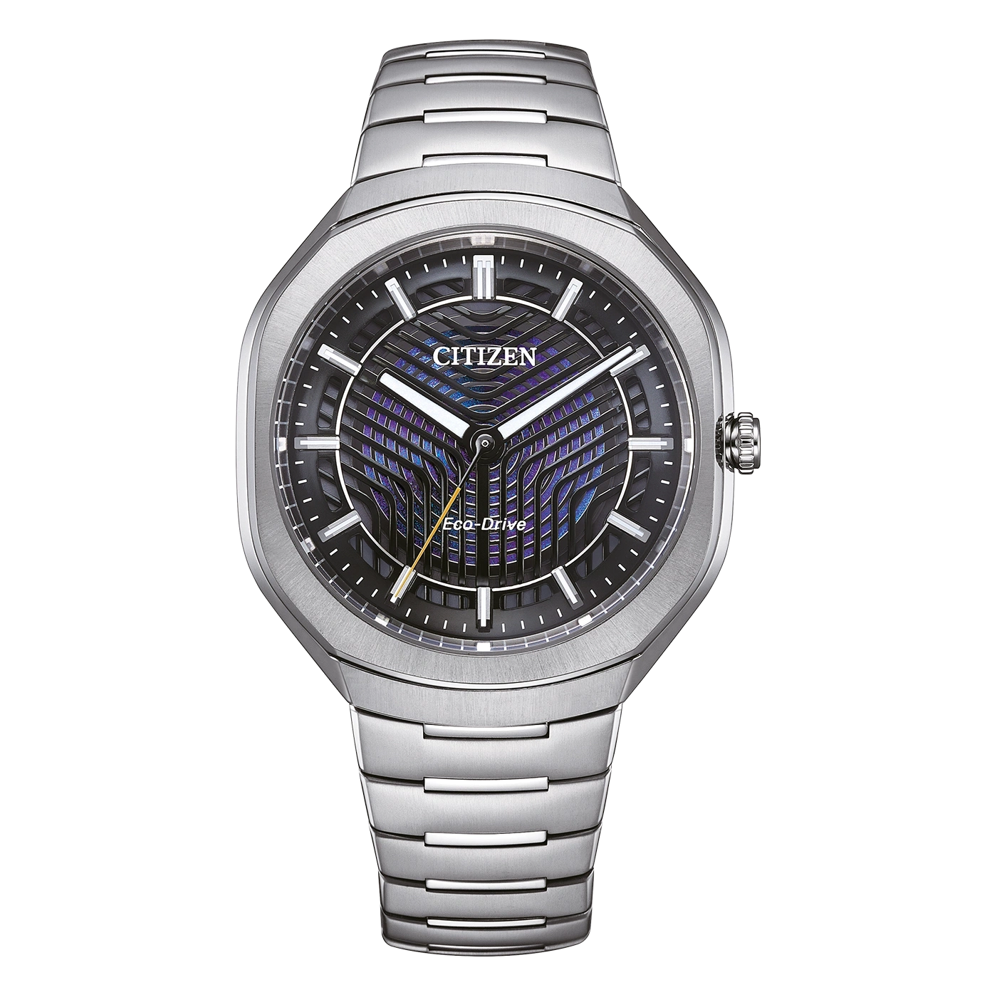 Eine moderne silberne Citizen Eco-Drive Uhr mit schwarzem und lila gemustertem Zifferblatt.