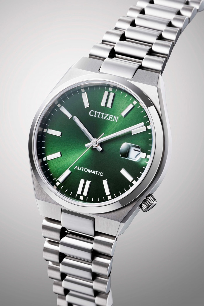 Citizen-Uhr mit grünem Zifferblatt und silbernem Armband, Automatikwerk.