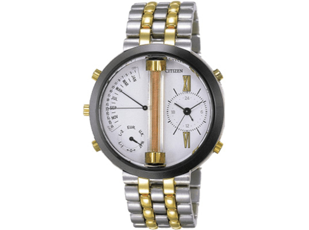 Citizen-Uhr mit silbernem und goldenem Band, weißem Zifferblatt und mehreren Zifferblättern.