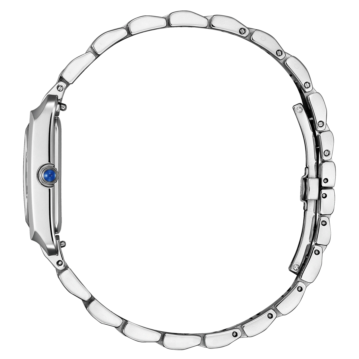 Silberne Uhr mit blauem Edelstein, elegantes Design, Seitenansicht