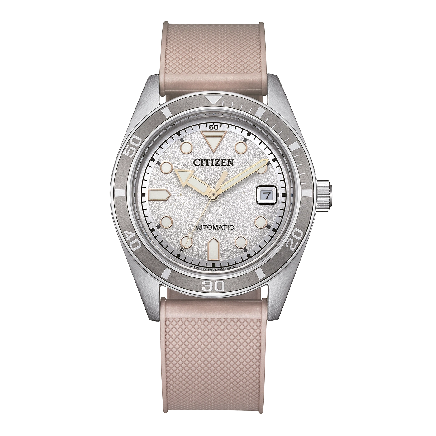 Eine Citizen Automatik-Uhr mit silbernem Zifferblatt und pinkfarbenem Armband.