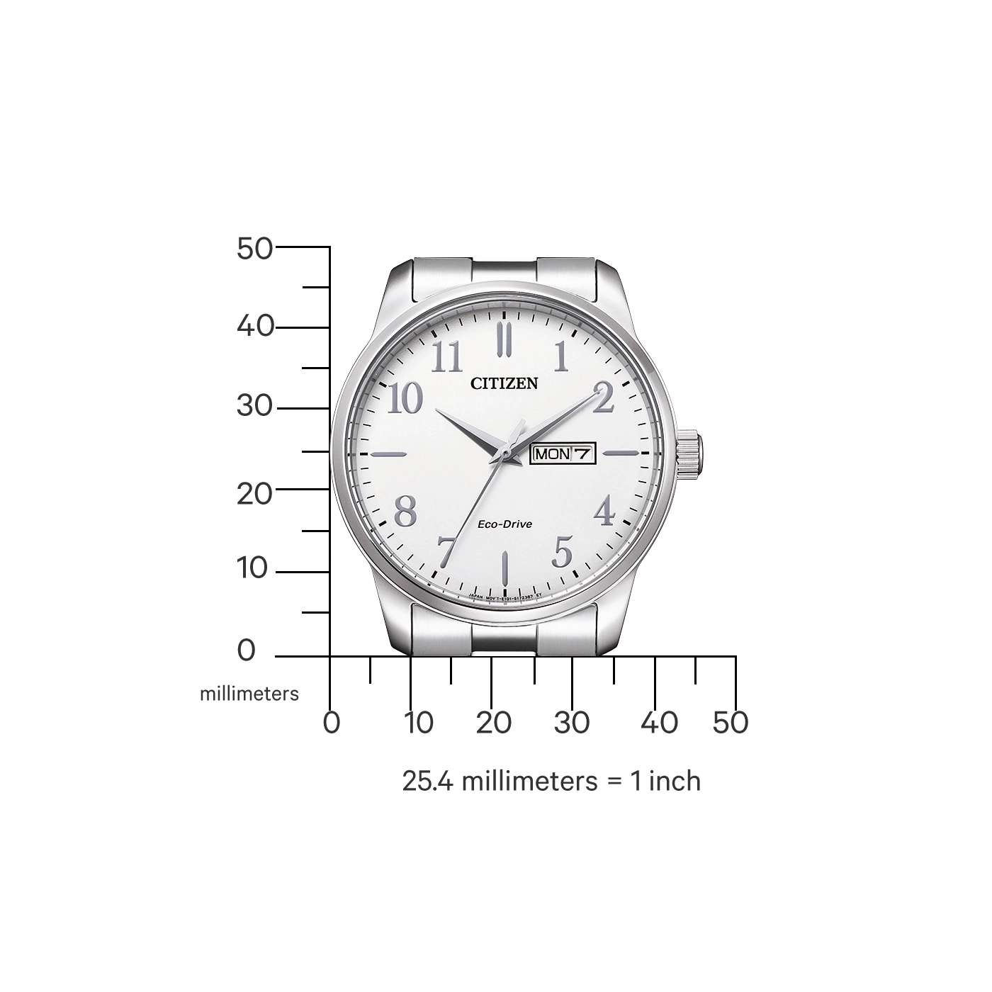 Citizen-Uhr mit weißem Zifferblatt, silbernem Armband und Tagesanzeige.