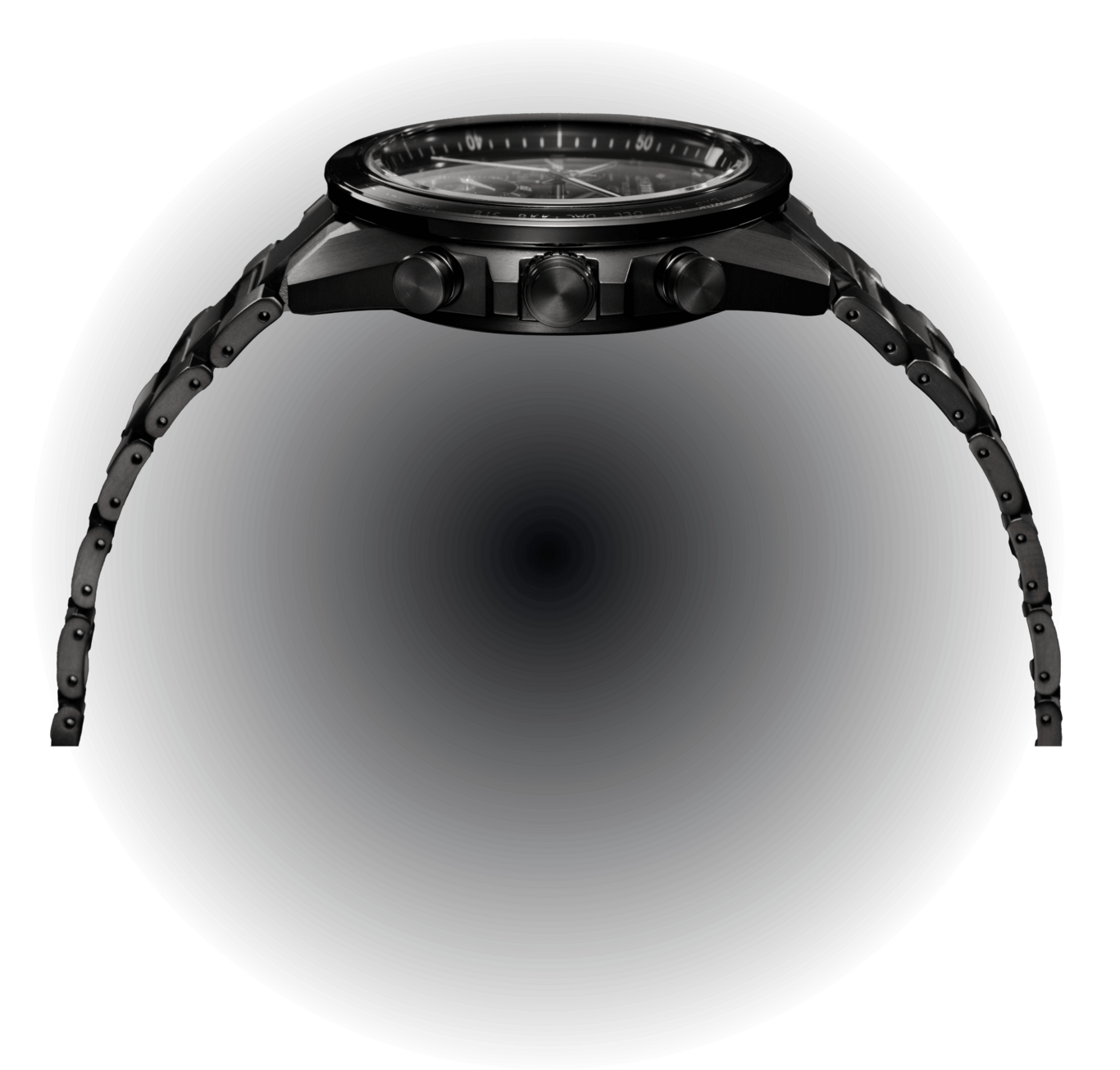 Schwarze Uhr mit Metallband, Seitenansicht, auf schwarzem Hintergrund.