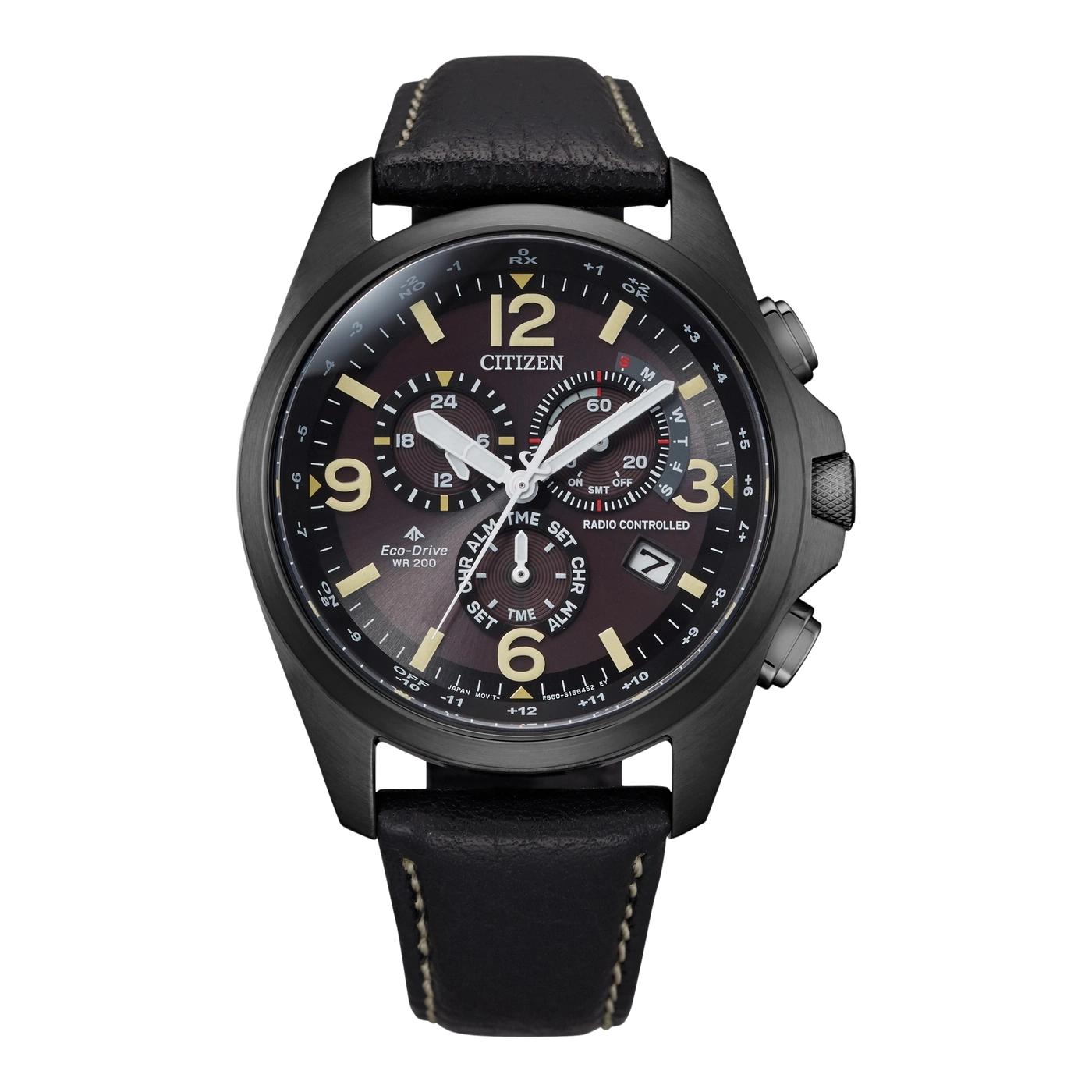 Schwarze Citizen-Uhr mit Lederarmband, braunem Zifferblatt und mehreren Zifferblättern.