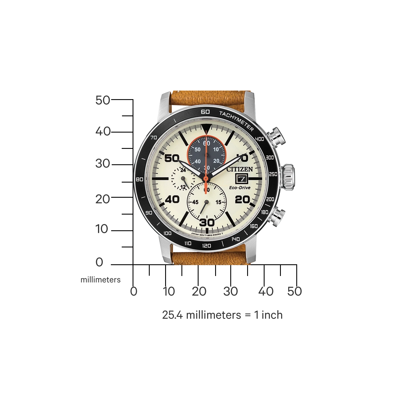 Citizen-Uhr mit Tachymeter, Eco-Drive und Lederarmband, zeigt Zeit und Messungen.