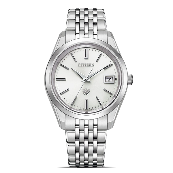 Citizen-Uhr mit silbernem Armband und weißem Zifferblatt, Datumsanzeige.