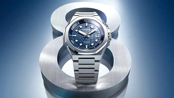 Citizen Series 8 watch on a metallic background, blue dial