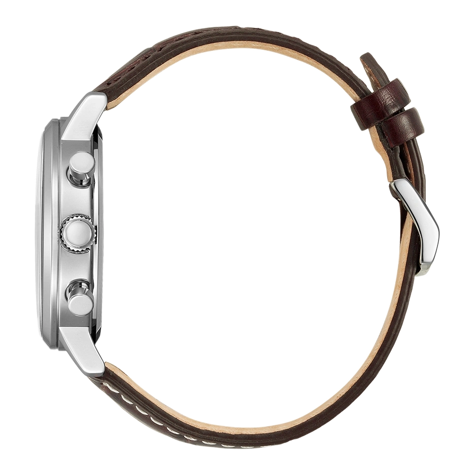 Seitenansicht einer silbernen Uhr mit braunem Lederarmband.
