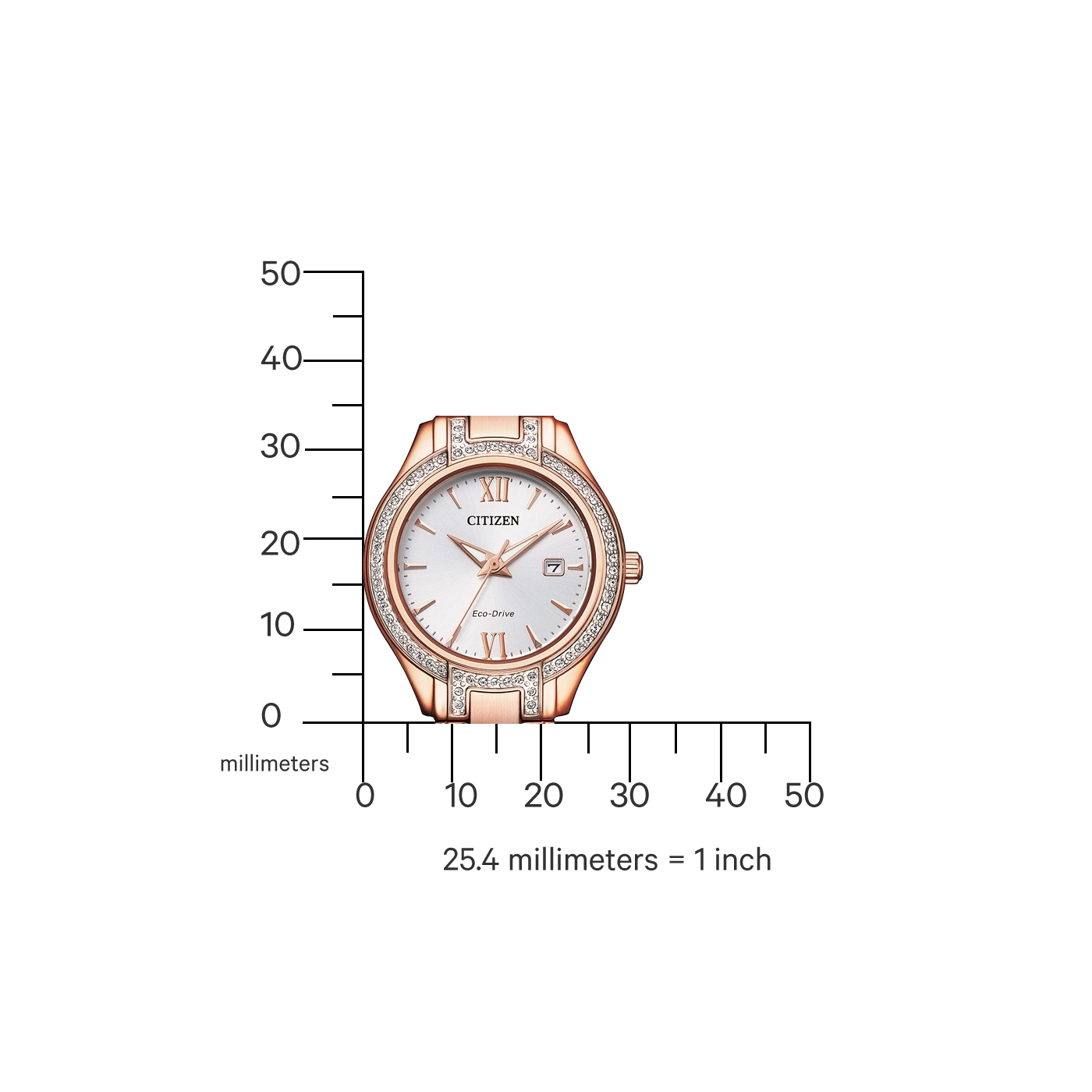 Citizen-Uhr mit Roségold und Diamanten, weißem Zifferblatt, Datumsanzeige, Eco-Drive.