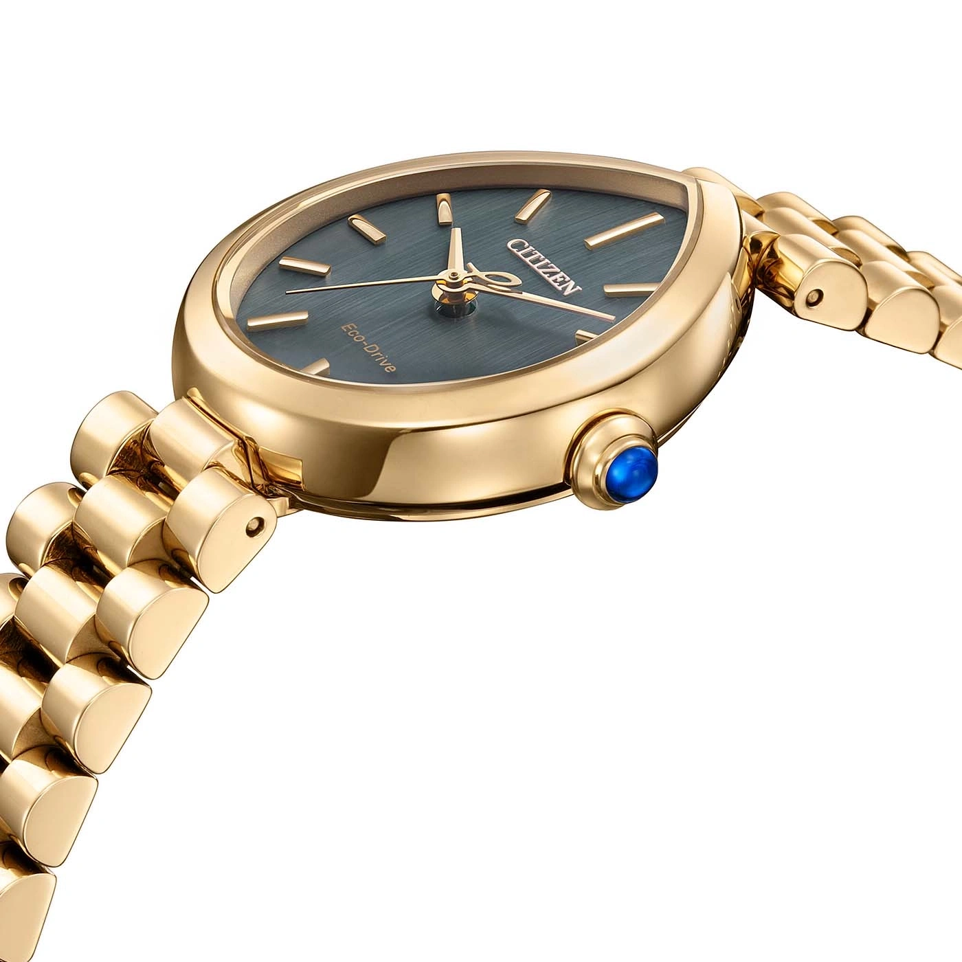 Nahaufnahme einer goldenen Citizen Eco-Drive Uhr mit blauem Juwel.