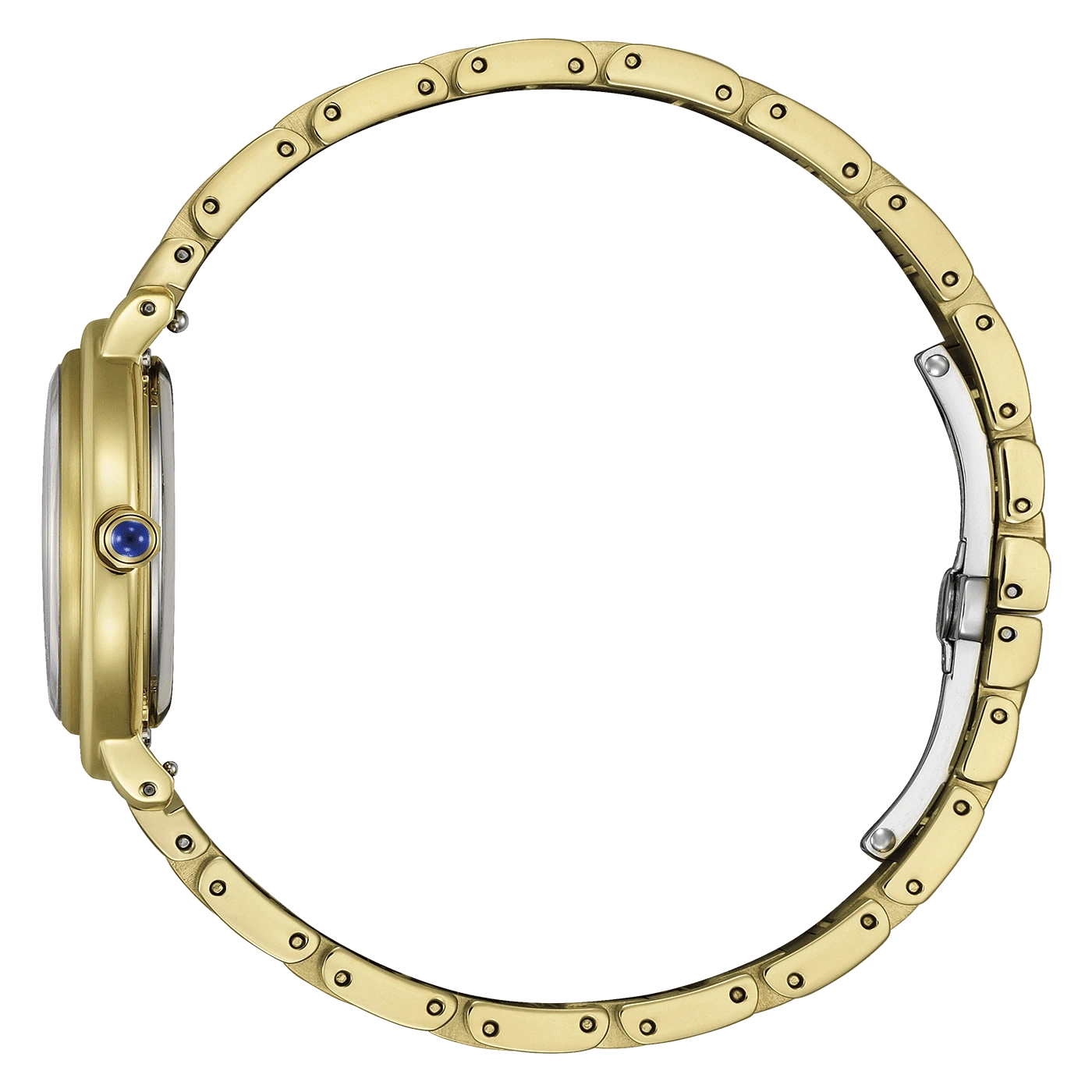 Goldene Uhr mit blauem Edelstein auf grünem Hintergrund, Seitenansicht.