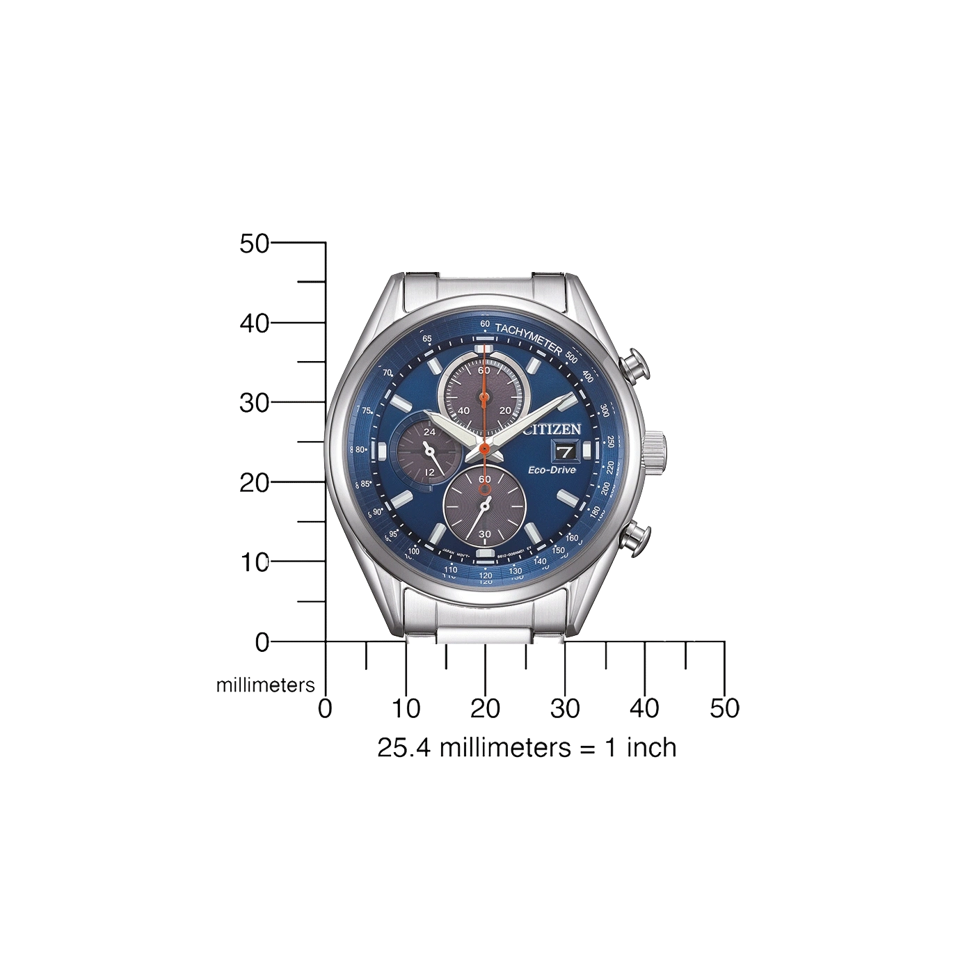 Citizen-Uhr mit blauem Zifferblatt, Tachymeter und Datumsanzeige, mit Millimeterskala.