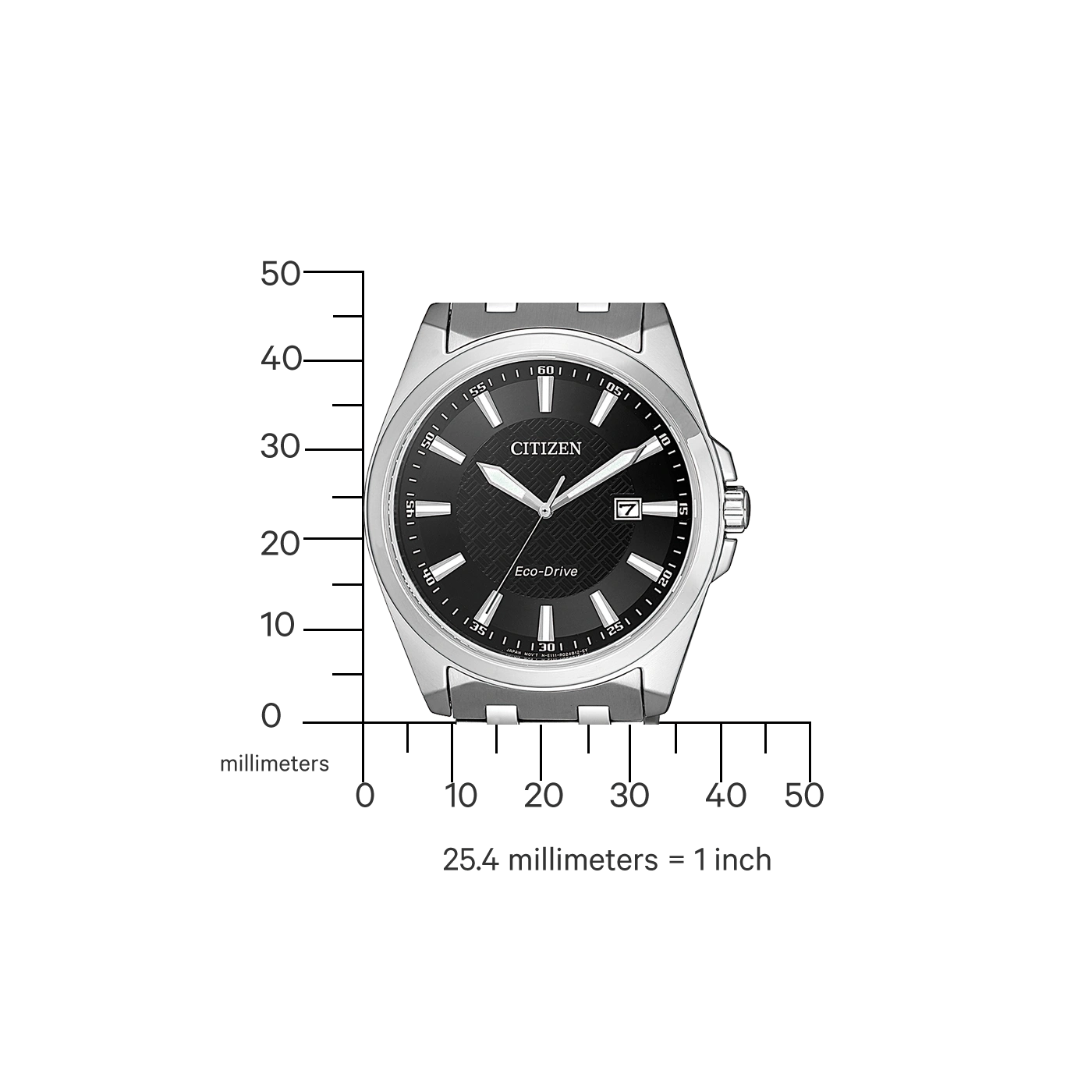 Citizen-Uhr mit schwarzem Zifferblatt, Eco-Drive und Datumsanzeige, mit Millimeterskala.